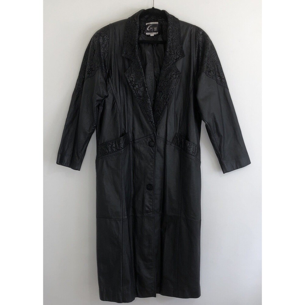 Vtg Global Identity G-III Womens L Leather Jacket Paisley Trim Trench Coat  90s